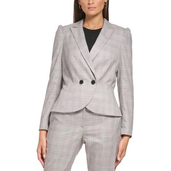 DKNY 쁘띠 체크무늬 퍼프슬리브 페플럼 재킷 4p788735