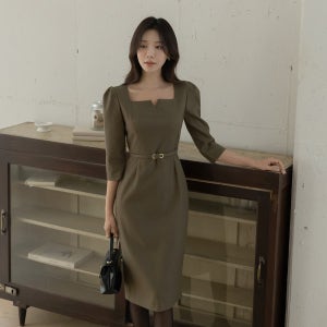 스퀘어 트임넥 7부 H라인 원피스(+벨트)