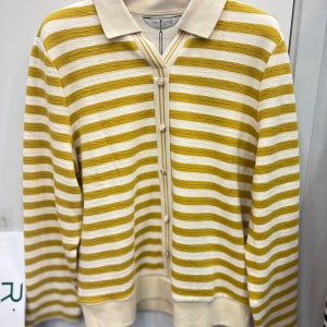크로커다일레이디 코튼 혼방 스트라이프 오픈카라 가디건 겨자 모다아울렛 오산동탄점