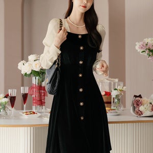 [3일만추가할인/하객룩/연말룩]카리텔 진주 배색 벨벳 원피스(롱,미니)[단독특가]