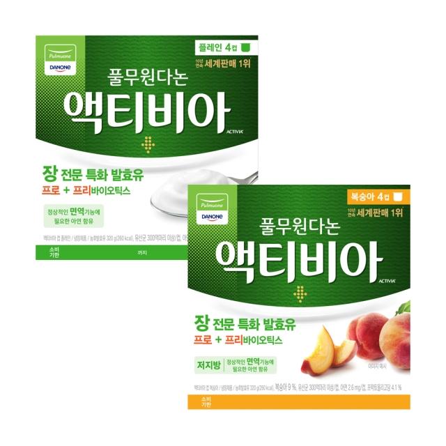<b>풀무원다논</b> 떠먹는 액티비아 2종 8입 (플레인4입+복숭아4입) 아이 어린이 입가심 가족 회사 탕비실 음료 <b>간</b>