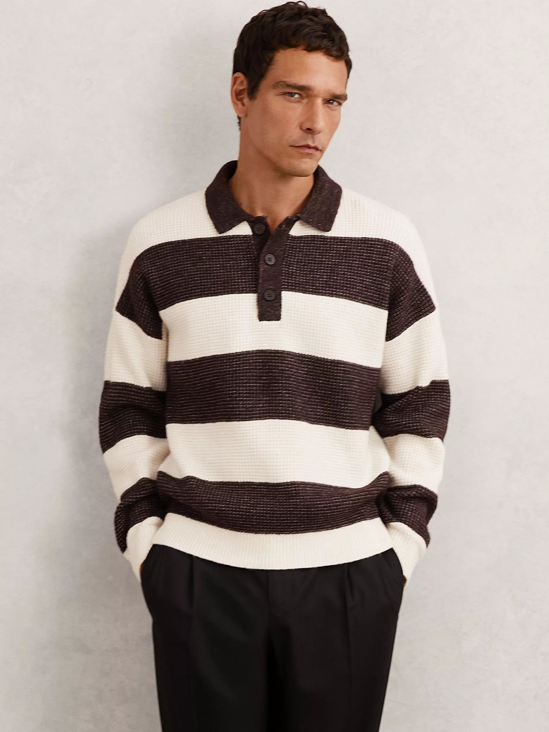리스 버튼 넥 스트라이프 니트 점퍼 브라운 오프 화이트 와플 Horice Button Neck Waffle Knit Striped Jumper, Brown Off 149071315