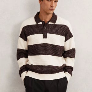 리스 버튼 넥 스트라이프 니트 점퍼 브라운 오프 화이트 와플 Horice Button Neck Waffle Knit Striped Jumper, Brown Off 149071315