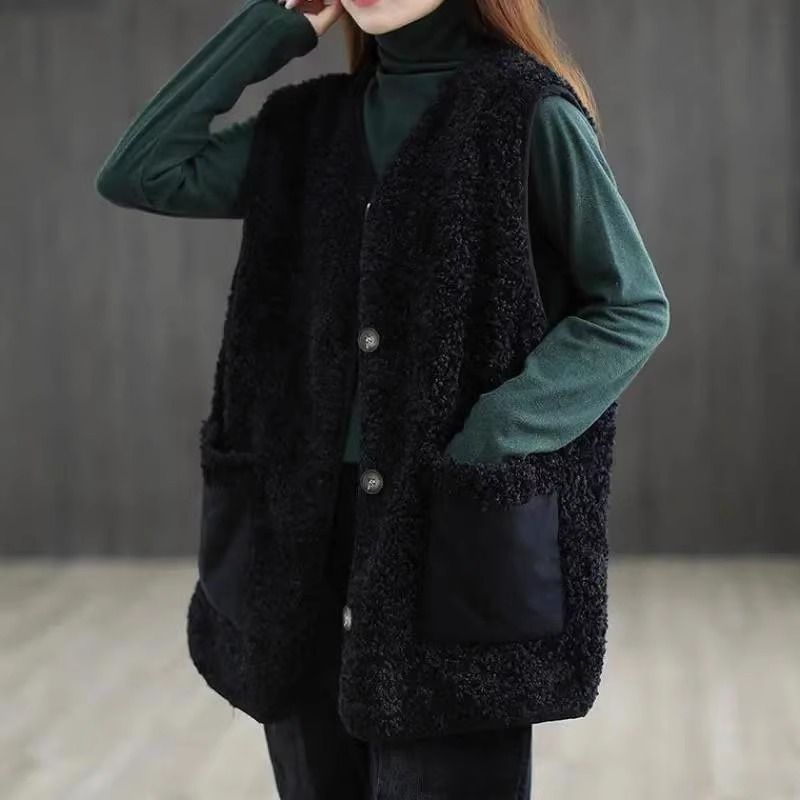 PETITBATH여성 보아털 루즈핏 버튼업 포켓 플리스 베스트 RJX51125 L 검은색