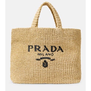 프라다 미디엄 로고 라피아 토트 백 TP559572368