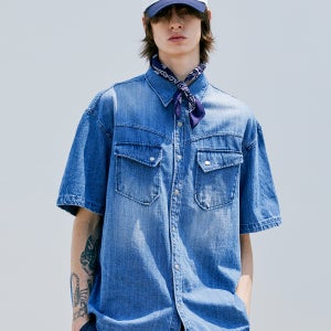 [케이엔드] [예약배송 07월 01일]웨스턴 워시드 데님 루즈핏 셔츠 블루