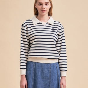 [헤지스 여성] [반값세일] 아이보리 스트라이프 긴소매 카라 티셔츠 WSTS4D805IV