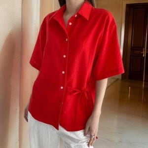 여자 박스핏 민무늬 반소매 빨간색 썸머 셔츠 (28919139)