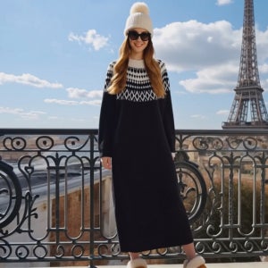 헤이븐 블랙 노르딕 루즈핏 모헤어울 니트 롱 원피스[라운드 패턴 긴팔 배색 나그랑 레글런 박시 박스 가을 겨울 고급 명품 원단 보세 데일리룩 여행룩 편한 브랜드 파리 밀라노 유럽 