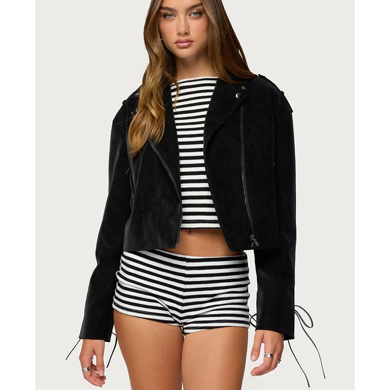 Edikted 라이더 페이크 스웨이드 바이커 재킷 여성 포우 자켓 Women s Ryder Faux Suede Biker Jacket 25206826 Black 149233998