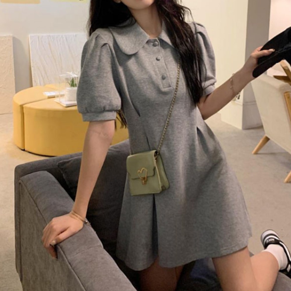 더베스 여성 카라 원피스 반팔 소매 벌룬 그레이 44