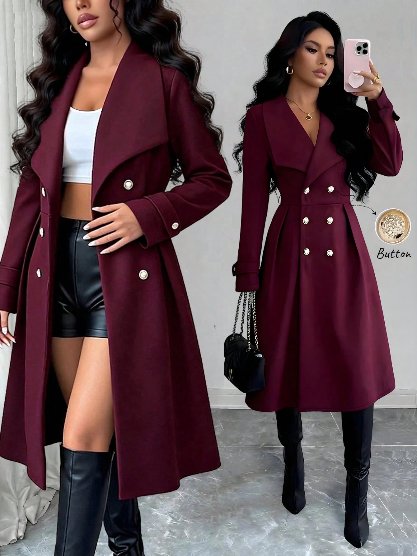 SHEIN 여성용 더블 브레스트 라펠 우아한 캐주얼 스트리트 통근 비즈니스 로맨틱 데이트 파티 크리스마스 코트, 버건디, 가을/겨울