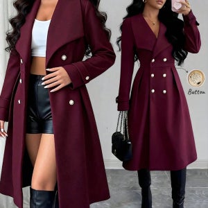 SHEIN 여성용 더블 브레스트 라펠 우아한 캐주얼 스트리트 통근 비즈니스 로맨틱 데이트 파티 크리스마스 코트, 버건디, 가을/겨울