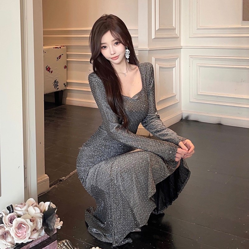 해피유통 여성 긴팔 반짝이 저녁 드레스 파티 슬림핏 롱원피스 V넥 가을 겨울 LWJ S 실버 S