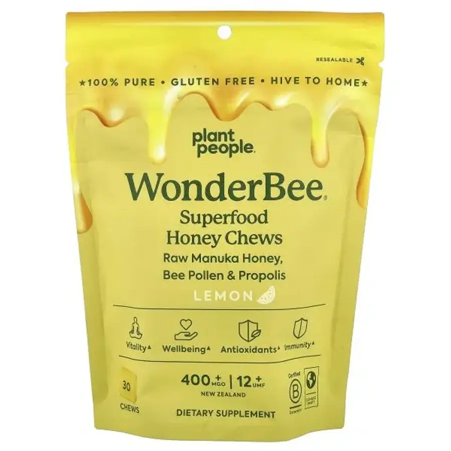 <b>플랜트</b> 피플 원더비 슈퍼푸드 꿀 <b>허니</b> 츄 레몬 MGO 400 30 Plant People WonderBee Superfood Honey Chews