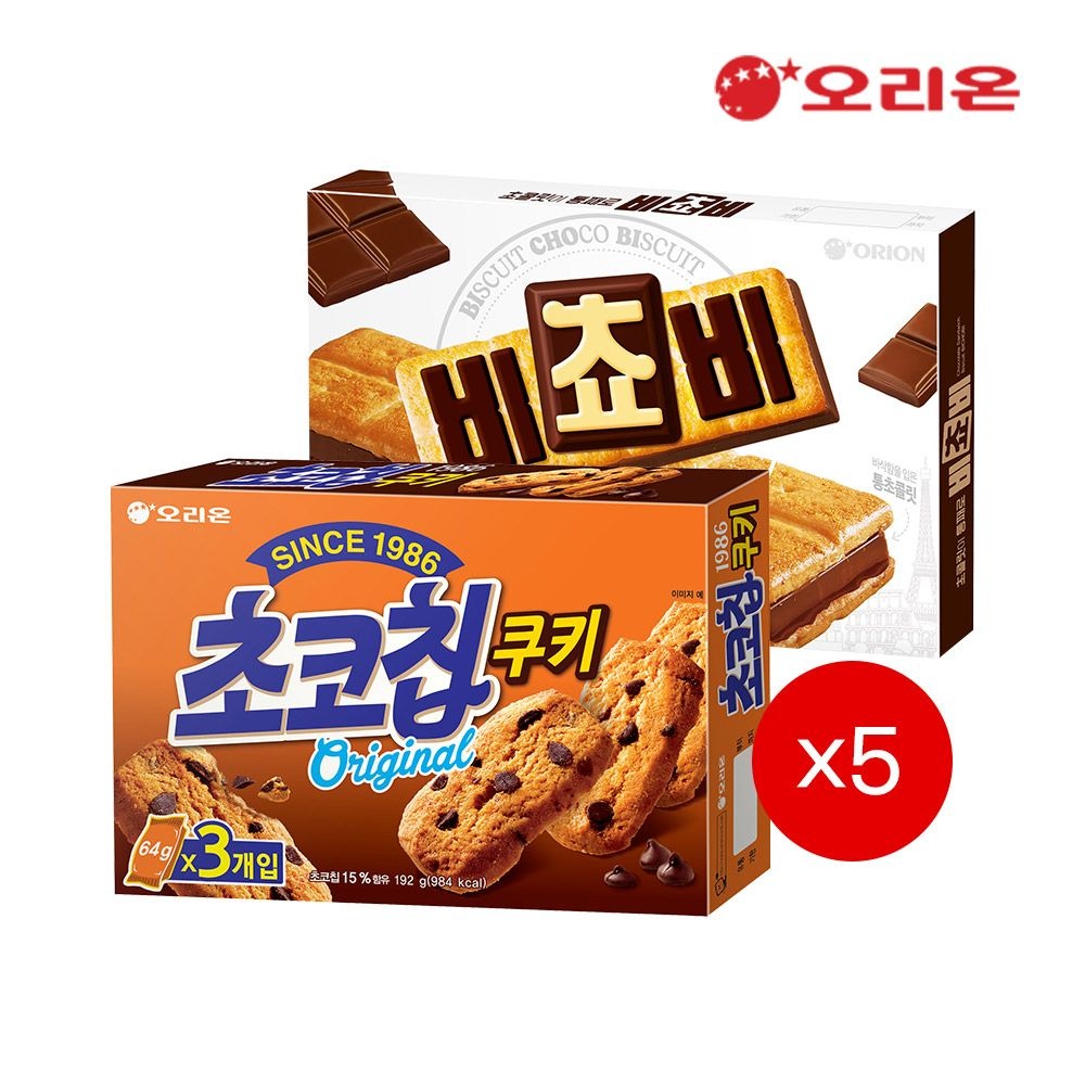 오리온 비쵸비(125g) 5개 + 초코칩쿠키(192g) 5개 (21,260원) (무료)