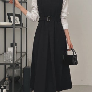 내일도착 롱원피스 [1천장 돌파✨][무료배송][포근기모/클래식무드] [44-120] 오브린즈 겉기모 맞주름 벨트 뷔스티에 롱 원피스 ( 가을-겨울-신상-기모원피스-벨트원피스-하객룩