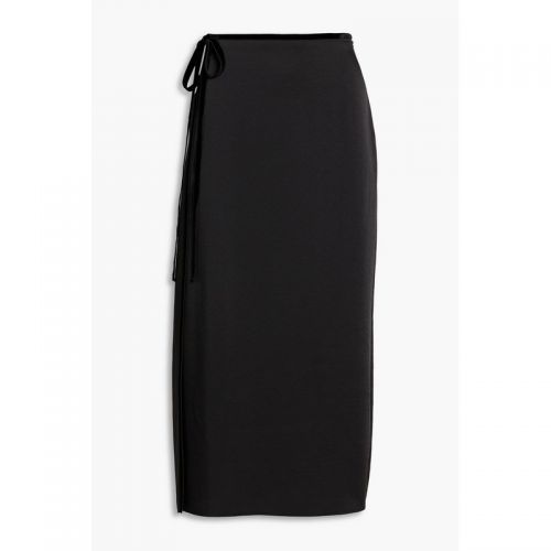 빈스 Wrap-effect velvet-trimmed satin-crepe midi skirt