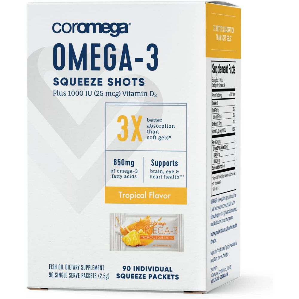 Coromega 코로메가 짜먹는 <b>오메가3</b> 650mg 트로피칼 스퀴즈 <b>90</b>팩 비타민D 함유