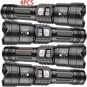 4PCS 충전식 고출력 LED 손전등, 줌 가능한 , 초고휘도, 장거리, 캠핑, 사냥, 하이킹, 비상용 전술 작업등, LCD 디지털 디스플레이, 낚시, 수리 및 비상용으로 완벽,