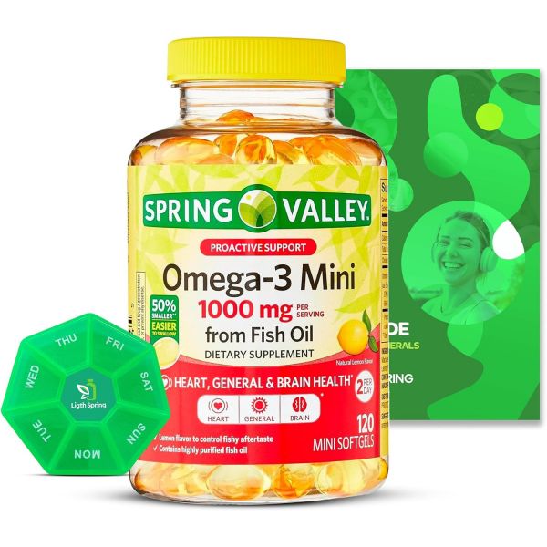 피쉬오일 오메가3 건조함 <b>가려움</b> <b>스프링 밸리</b> 미니 피쉬 오일 소프트젤 1000mg 120개 묶음 독점 비타민 미네랄 A~Z 더 나은 라이트 &amp; 가이드 (2개 품목)  <b>스프링 밸리</b>