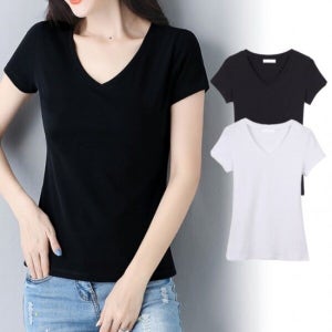 (모노무드) LMO 여성용 단색 브이컷 V넥 하프슬리브 탑데일리 흰티 일상용 타이