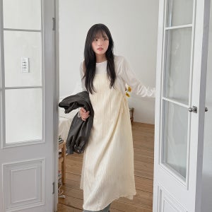 [EVELLET]엔프아 사이드 스트링 레이어드 뷔스티에 롱원피스