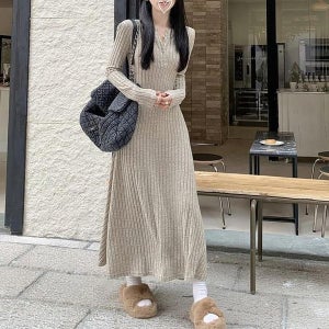 [다잇템_패션] 여자 스웨터 버튼 롱 위빙 포인트 골지 원피스