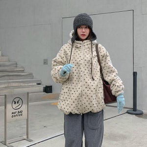 포인 도트 덤블 하이넥 후드 집업