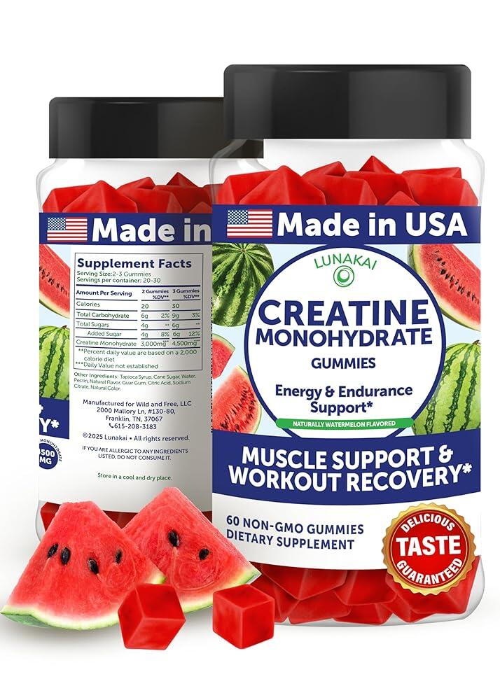 Lunakai USA Made 크레아틴 모노하이드레이트 젤리 여성 및 남성용 - 근육 및 회복 지원을 위한 비건 크레아틴 젤리 - <b>운동 전</b> 보충제 60개입  1개