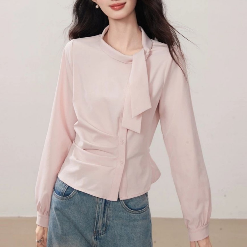 Makone 여성 봄 가을 라운드넥 타이넥 셔링 솔리드 캐주얼 블라우 핑크 L