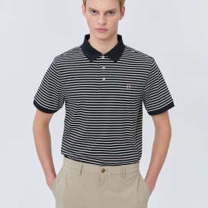 [헤지스 남성] [스테디셀러] 네이비 스트라이프 면 반팔카라티셔츠 WHTS5B435N2