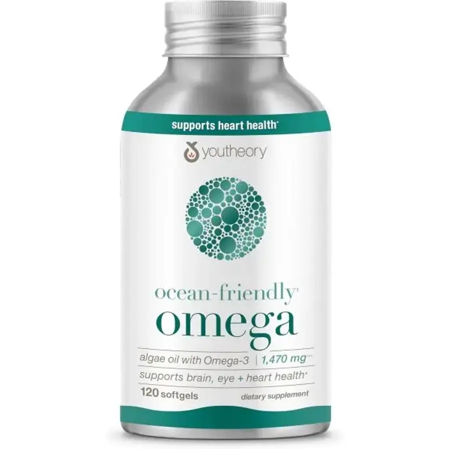 Youtheory Ocean-Friendly Omega - Vegan Algae Omega 3 Softgel - with EPA  DHA - Heart, Eye  Health