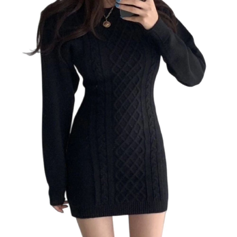 허리 트임 <b>레이쉬</b> 니트 원피스  블랙..