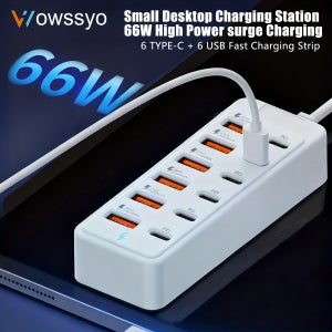 12-in-1 66W 고속 충전 | 6개 USB 포트 + 6개 Type-C PD 고속 충전 포트 파워 허브, 아이폰, 맥북, 노트북, 휴대폰, 태블릿, 게임 콘솔 및 기타 기기와