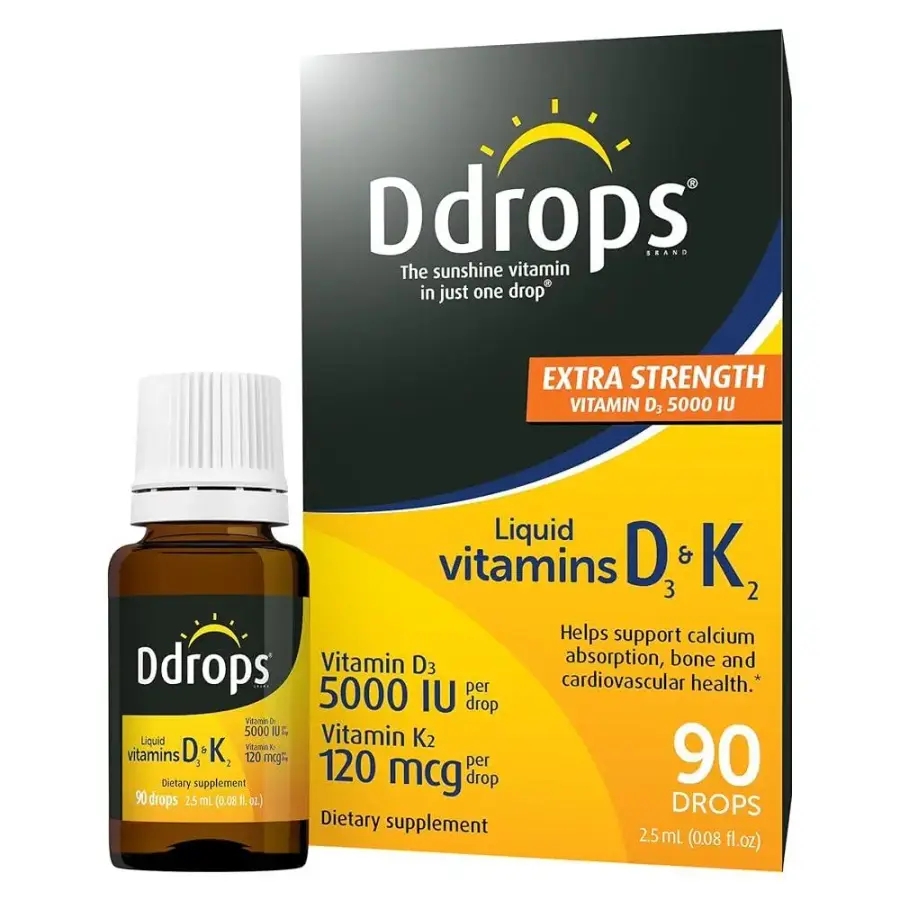 <b>Ddrops</b> Extra Strength 5000 IU 비타민 D3 + K2 90 방울 - 액체 비타민 D3  K2 (MK7) 보충제 강한 <b>뼈</b>, 면