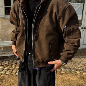 [겨울레더패딩/어깡핏] 투디 빈티지 레더 후드 레이어드 크랙 가죽 MA-1 항공 크롭