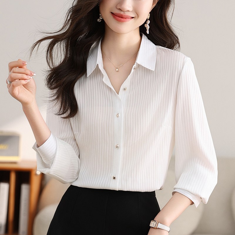 해피유통 여성용 스트라이프 긴팔 셔츠 오피스 캐주얼 봄가을 단추 장식 블라우스 CLY 화이트 XL XL