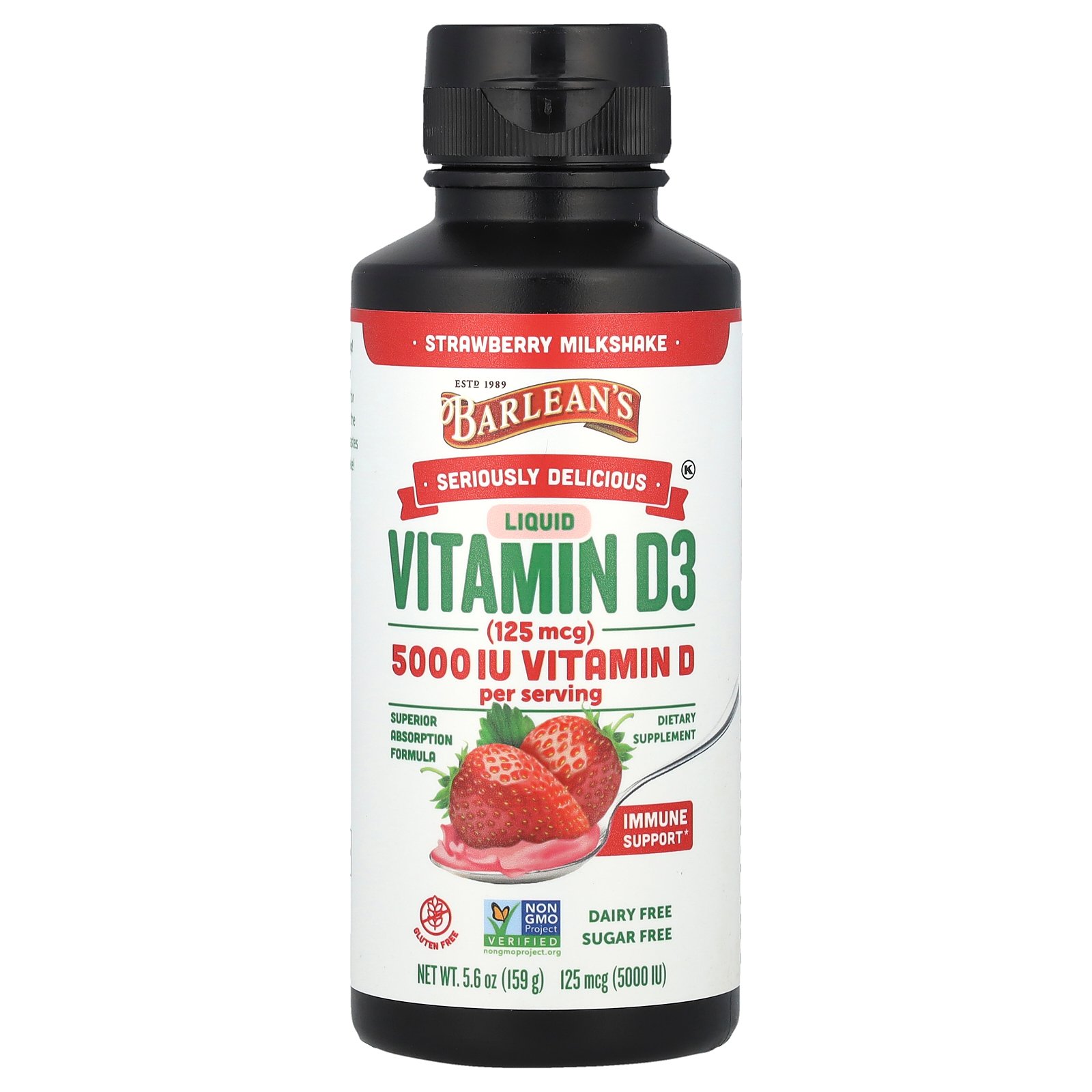Barlean’s Seriously Delicious Liquid <b>Vitamin D3</b> Strawberry Milkshake 125 mcg 5 000 IU 5.6 oz  Barlea