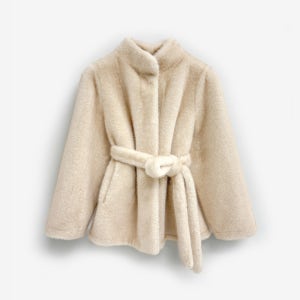 [라코스모] BELTED FAUX MINK COAT - PEARL BEIGE