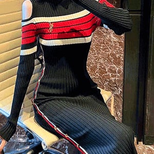 [1만원 추가할인]배색 라인 장식 버튼 니트 롱원피스