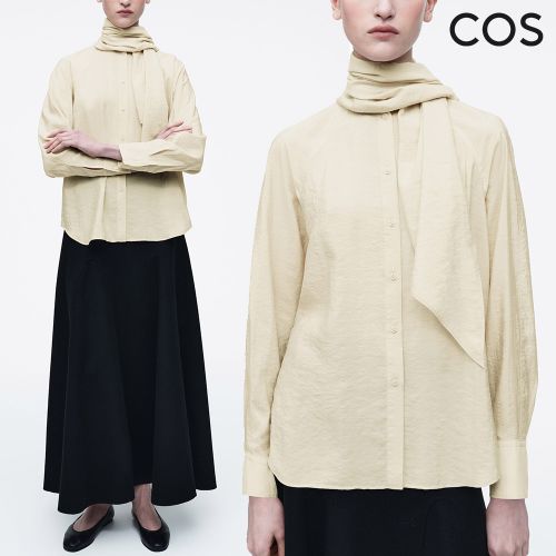 [코스] COS 여성 실크 블라우스 스카프 디테일 크레이프 가벼운 셔츠 릴렉스핏 베이지