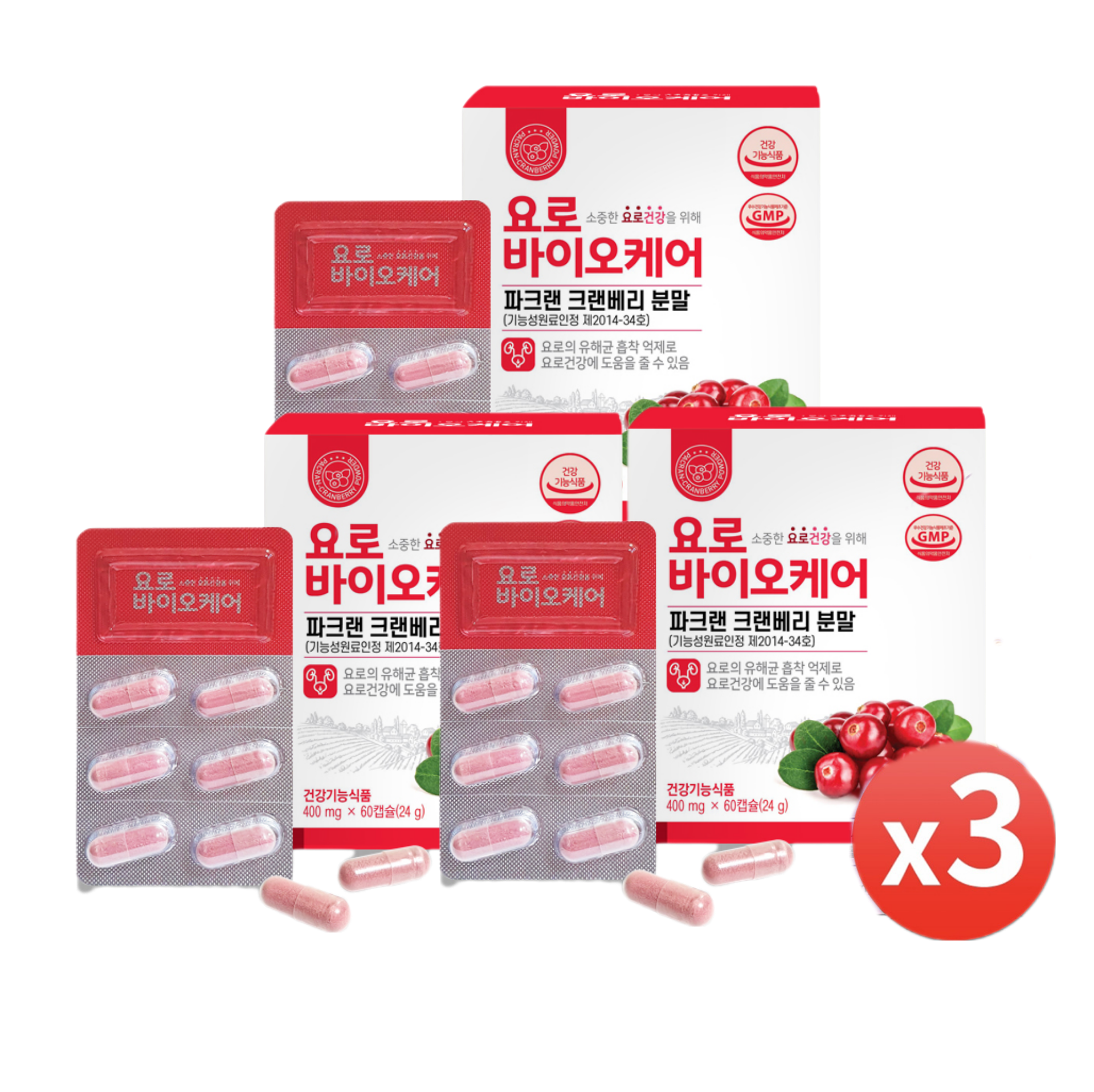 <b>파크랜 크랜베리</b> 요로바이오케어 180캡슐, 3개