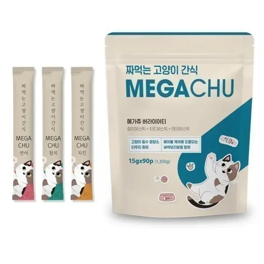 15g - 90스틱 메가츄 짜먹는 츄르 고양이간식 연어 참치 치킨 대용량 가성비 팩 (UNKNOWN)