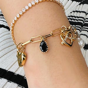 다이아 골드 하트 오닉스 보석 2중 참팔찌