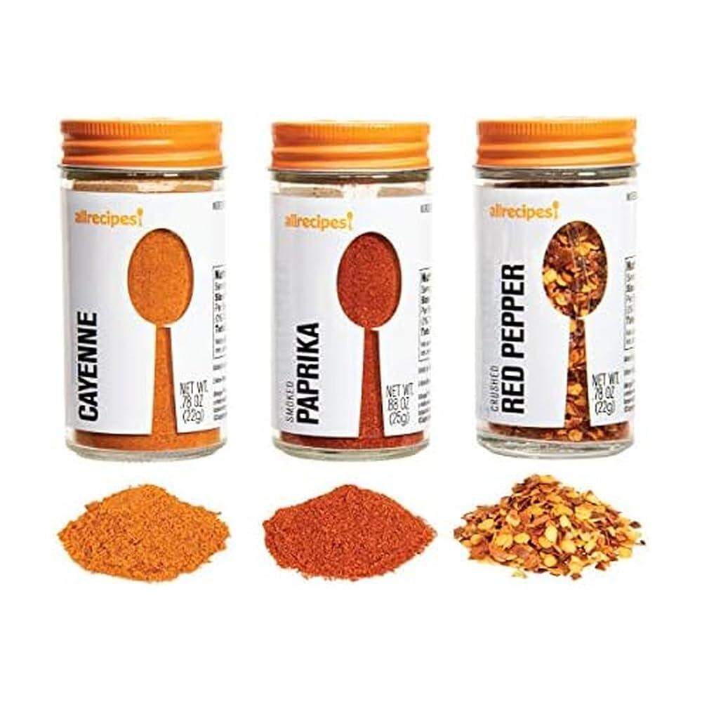 Allrecipes 뜨거운 향신료(카이엔 훈제 파프리카 크러시드 <b>레드 페퍼</b>) 뿌리기용 탈착식 체 캡이 있는 유리병 3개 세트