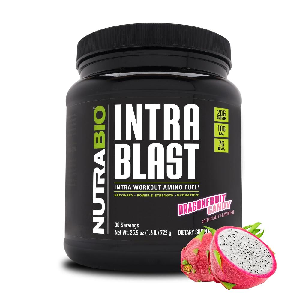NutraBio Intra Blast Bcaa 분말 <b>아미노산</b> 보충제 전해질 수분 <b>혼합물</b> 인트라 운동 전 근육 회복 20g Eaa 글루타민 5g-드래곤프루트 30회 제공량  1개