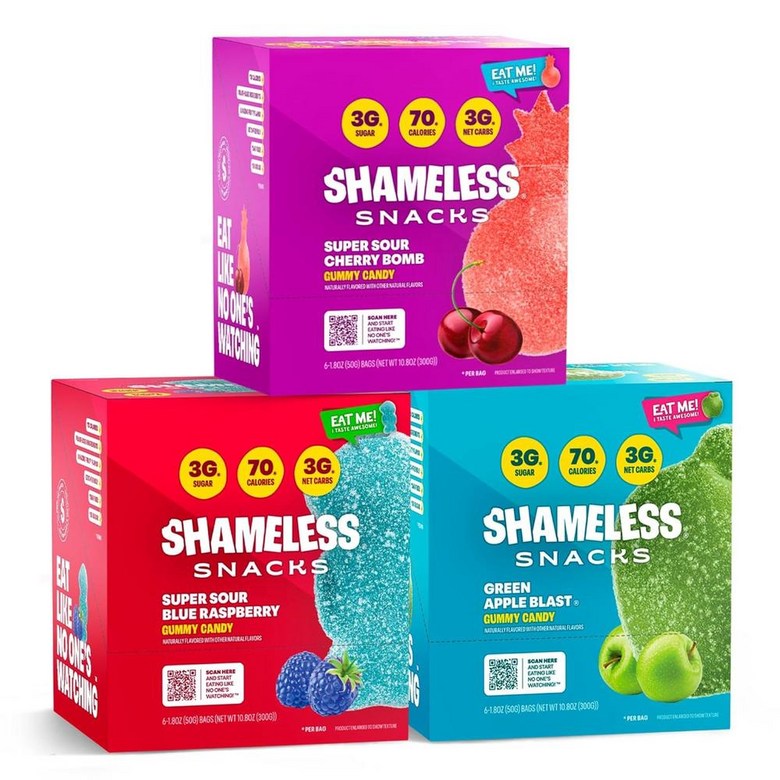 셰임리스스낵 사워맛번들 체리밤 블루라즈베리 그린애플 <b>키토</b>구미 저당 젤리 글루텐프리 Shameless Snacks Sour Flavors Bundle Cherry Bomb Blue
