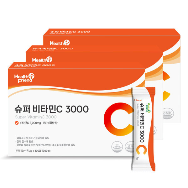 헬스프랜드 <b>슈퍼</b> <b>비타민C</b> 3000 3박스(300포) 10개월분 건강기능식품 고함량 <b>비타민</b>씨 100% 분말 파우더