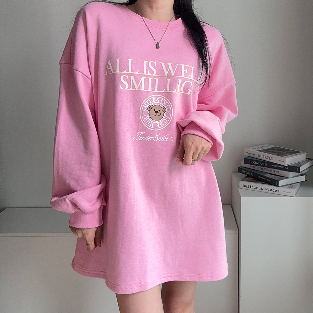 3단쭈리 오버핏 롱박스티 캐주얼 <b>스마일베어</b> 맨투맨 티셔츠